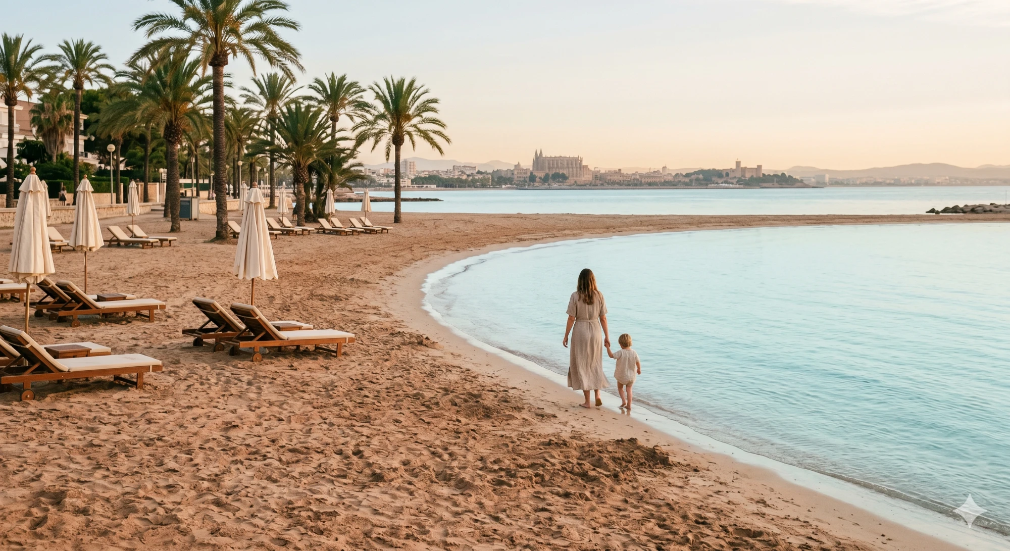 Mutter und Kind am Strand, im Hintergrund Palma