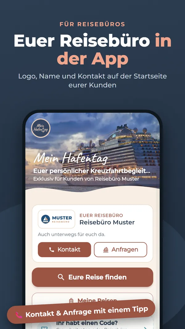 Euer Reisebüro in der App: Logo, Name und Kontakt auf der Startseite eurer Kunden