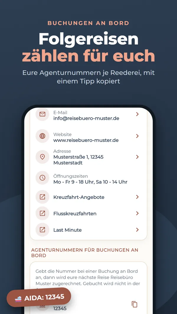Folgereisen zählen für euch: Agenturnummern je Reederei mit einem Tipp kopiert