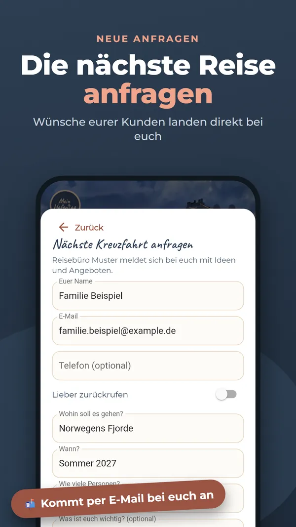 Die nächste Reise anfragen: Wünsche eurer Kunden landen per E-Mail bei euch