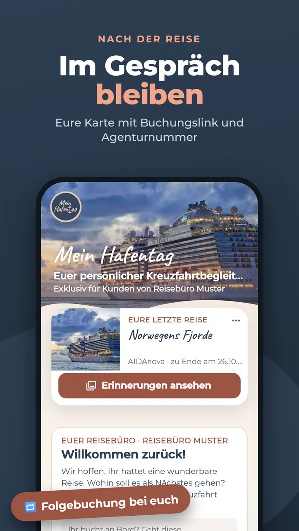 Im Gespräch bleiben: eure Karte nach der Reise mit Buchungslink und Agenturnummer